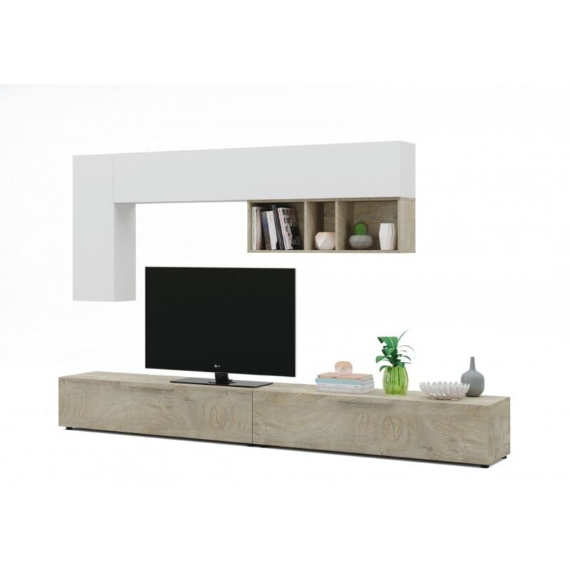 Mur équipé porte Tv 260 cm blanc mat et chêne - Sotira