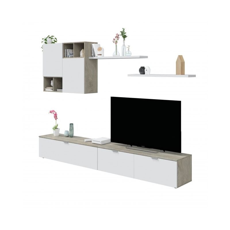 Mur équipé porte Tv 260 cm blanc mat et chêne - Tartu