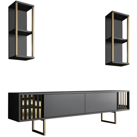 Ensemble meuble TV avec 2 étagères Manaslu Métal Or et Bois Anthracite