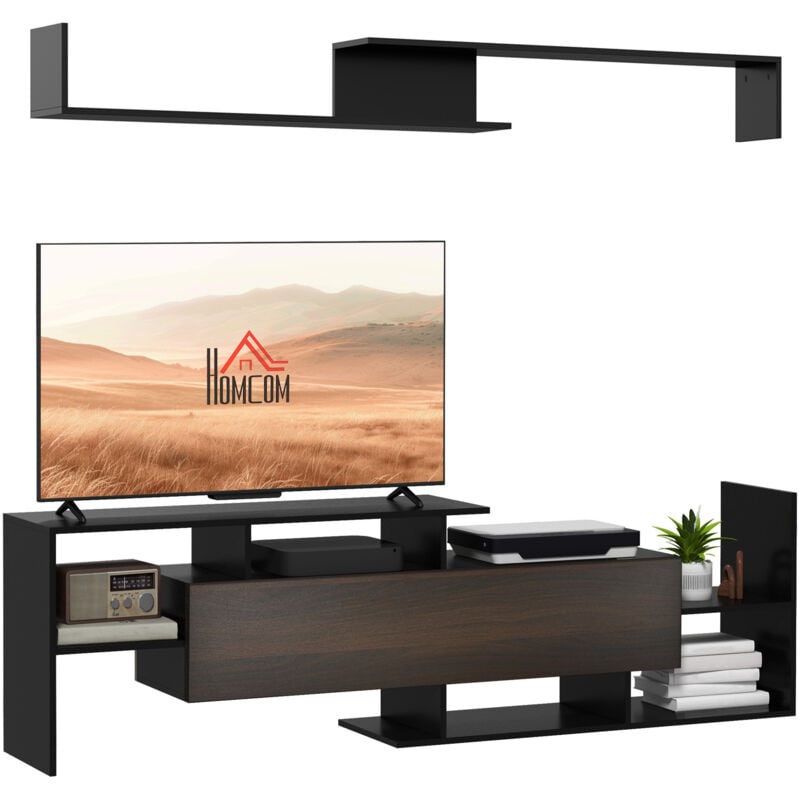 Homcom - Ensemble meuble tv avec étagère murale style contemporain aspect bois noir