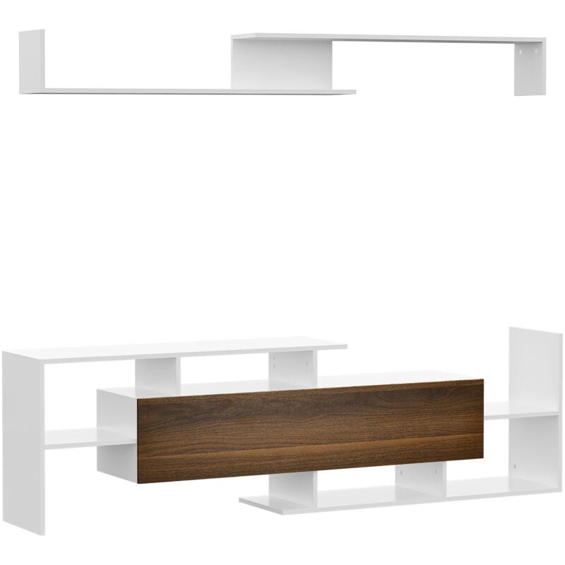 Ensemble meuble tv avec étagère murale style contemporain aspect bois noyer blanc