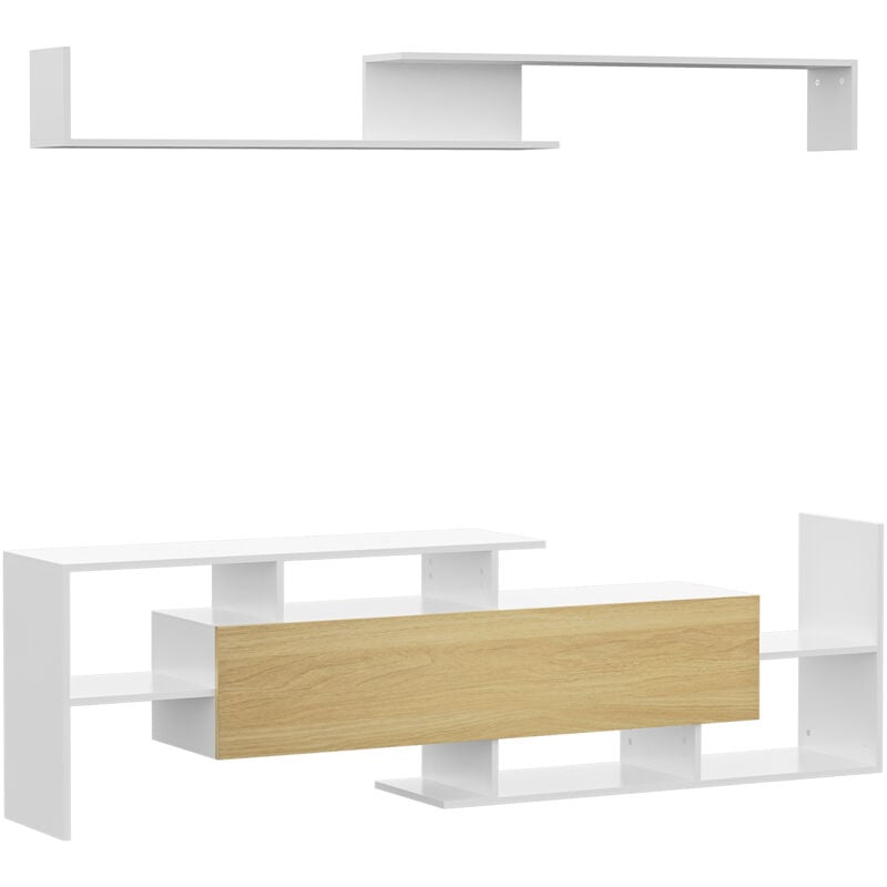 Ensemble meuble tv avec étagère murale style contemporain aspect bois clair blanc