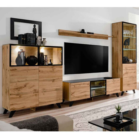 Ensemble Meuble TV & Bibliothèque "Thin" 330cm Noir & Naturel
