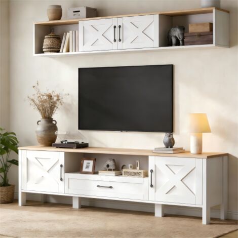 Ensemble meuble TV blanc 180x40x50 cm, 2 pièces, meuble TV + vitrine suspendue, 4 armoires, 1 tiroir, compatible TV jusqu'à 80 pouces