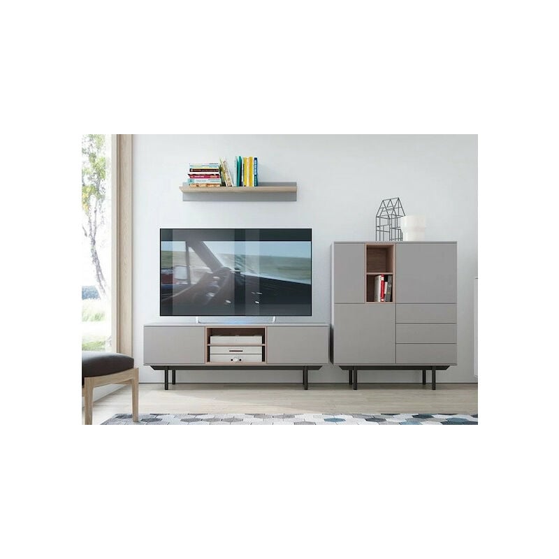 Ensemble meuble tv, buffet haut et étagère mural inox gris 150 cm