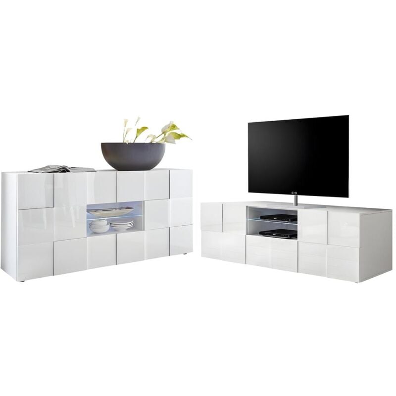 Vente-unique - Ensemble Meuble tv + Buffet - Blanc laqué - Séjour lumineux calisto