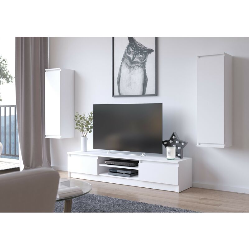 Ensemble mobiler pour le salon Akord presentoir + meuble tv Blanc 240 cm 4 portes façade Blanche 8 étagères 240x40x140 cm