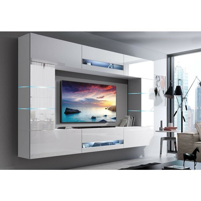 Viva - Ensemble meuble tv concept 63-63-HG-W-2-1B blanc brillant 273 x 35 x 184-200 cm
