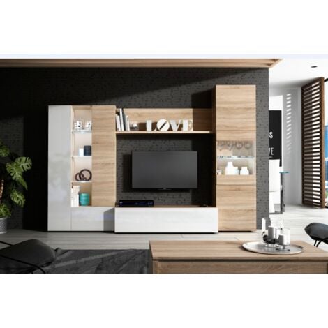 Meuble TV - BIANKO - 140 cm - chêne lancaster / blanc brillant - avec LED -  style moderne - tablettes en verre - Cdiscount Maison