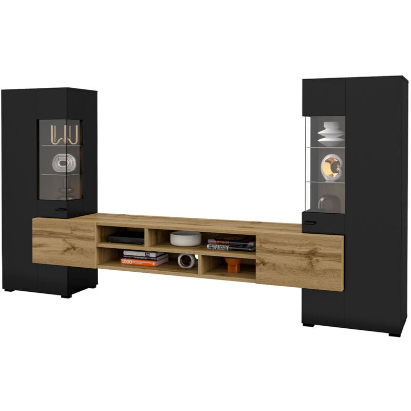 Ensemble meuble TV et 2 armoires Akram Noir et Bois