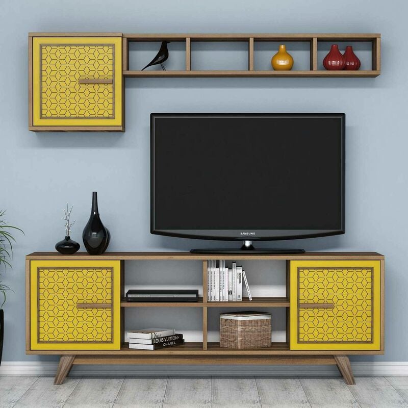 cotecosy - ensemble meuble tv et étagère murale wavo bois foncé motif géométrique jaune - jaune