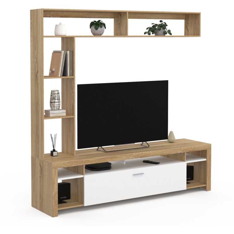 Ensemble meuble tv et étagères 170 cm malo bois et placard blanc