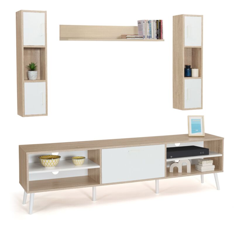 Ensemble meuble TV 180 cm et étagères HOUSTON bois et blanc