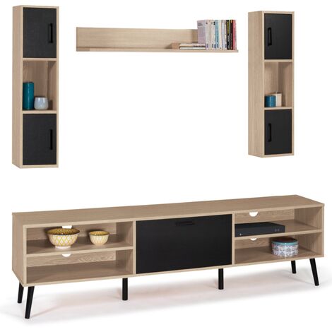 Ensemble meuble TV et étagères HOUSTON bois et noir 180 cm - Bois-clair