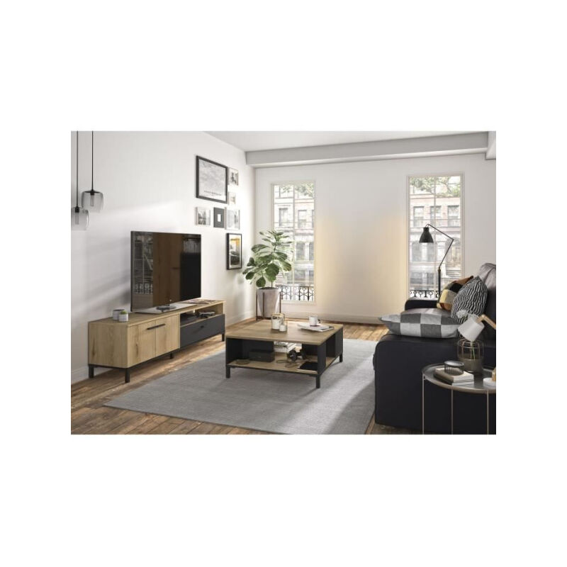 Ensemble meuble TV et table basse - TRUST - Chene / Noir - GAMI