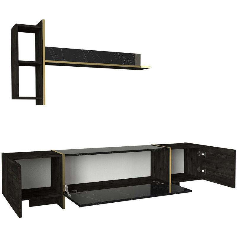 Unité tv Noir et Or avec Nombreux Rangements, 180x45x32,3 cm, Pour Salon Spacieux ou Bureau