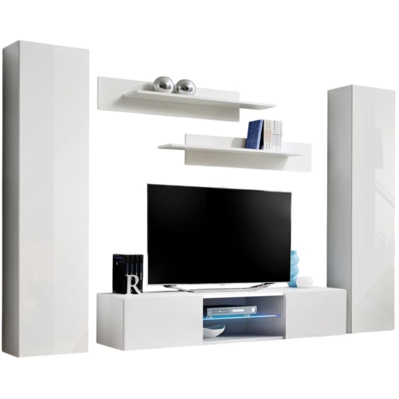Ensemble Meuble TV FLY O1 avec LED. Coloris blanc. Meuble suspendu design pour votre salon. - Blanc