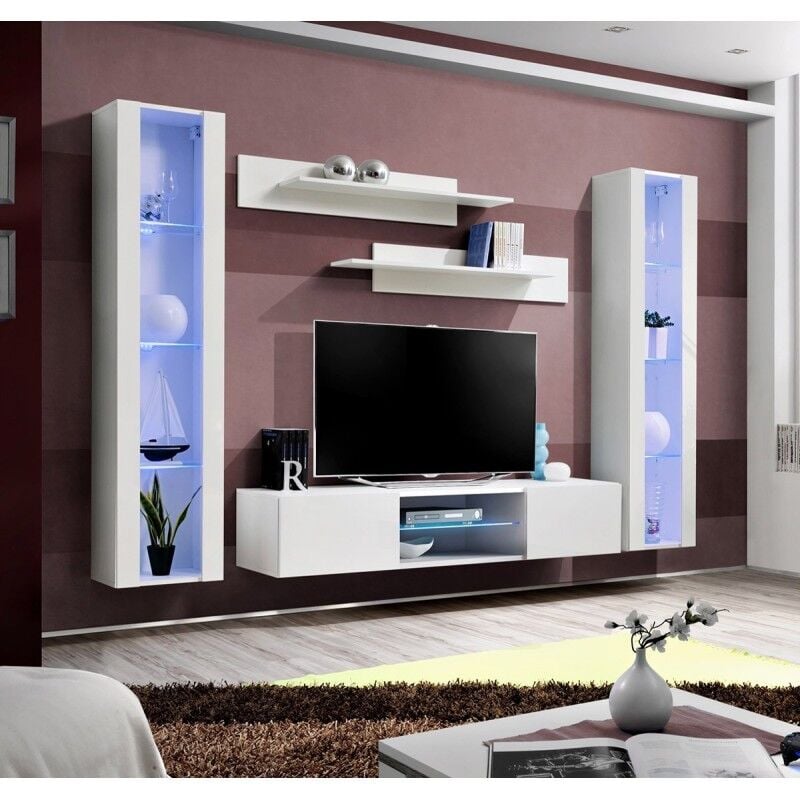 Ensemble Meuble TV FLY O2 avec LED. Coloris blanc. Meuble suspendu design pour votre salon. - Blanc