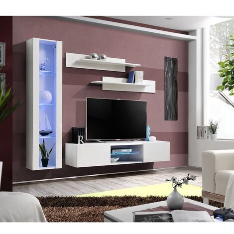 Meuble TV design blanc brillant + LED 184 cm Flow