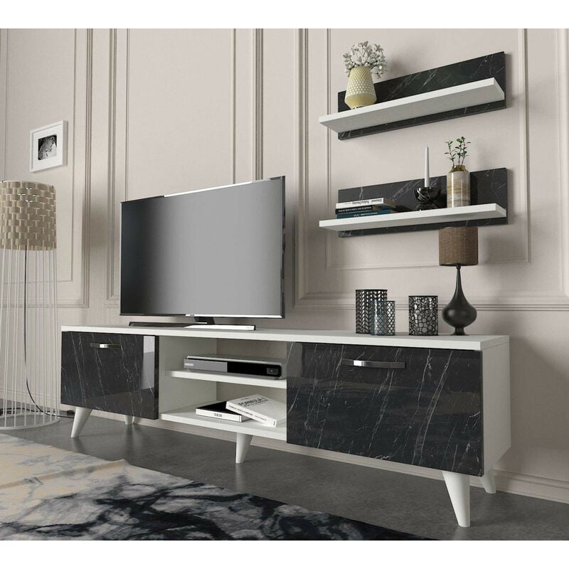 Ensemble meuble TV GEACLES blanc marbre 150 cm - Blanc