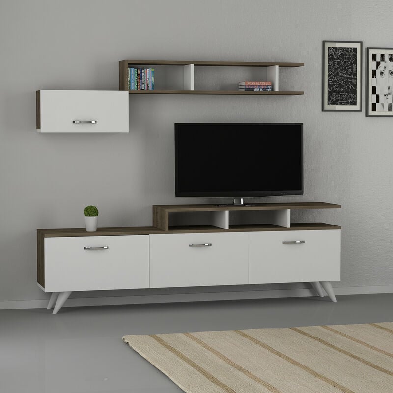 Ensemble meuble TV HIRA 135 cm blanc et noyer