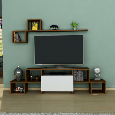Ensemble meuble TV KUBRA 180 cm bois foncé et blanc