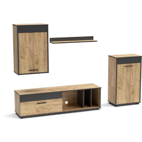 Ensemble meuble TV L140cm avec 2 armoires et étagère Sanika Chêne clair et Gris