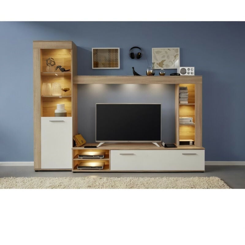 Sans Marque - Ensemble meuble tv logo - 1 Porte - led - Mélamine chene clair et blanc mat - L240 x P41 x H185 cm - trendteam