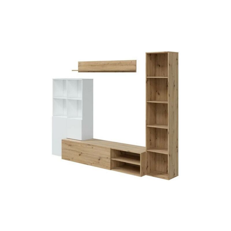 Ensemble Meuble tv lyra : Vitrine + meuble tv + étagere - Mélaminé blanc et chene - 3 Portes - L240 x P41 x H180 cm