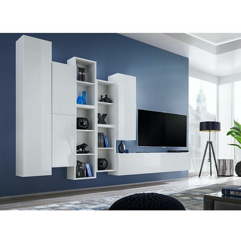 Ac-déco - Ensemble meuble TV mural Blox XII - L 315 x P 32 x H 180 cm - Blanc - Livraison gratuite - Blanc