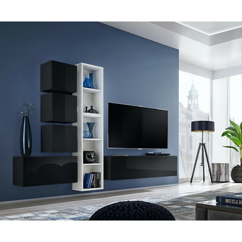 Ensemble meuble TV mural CUBE 11 design coloris noir et blanc. Meuble de salon suspendu - Noir