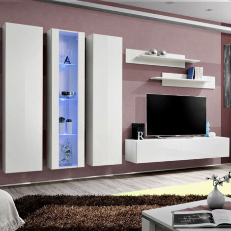 Ensemble Meuble TV Mural "Fly C4" 310cm Blanc