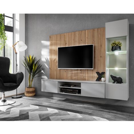 Ensemble meuble tv mural suspendu bois et gris GENES