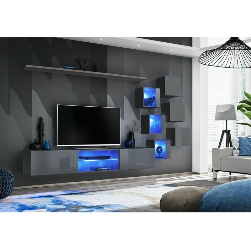 Ensemble meuble TV mural Switch XXI - L 240 x P 40 x H 120 cm - Gris - Livraison gratuite - Gris