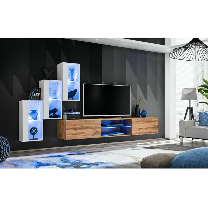 AC-DÉCO Ac-déco - Ensemble meuble TV mural Switch XXII L 240 x P 40 H 170 cm Blanc et marron Livraison gratuite