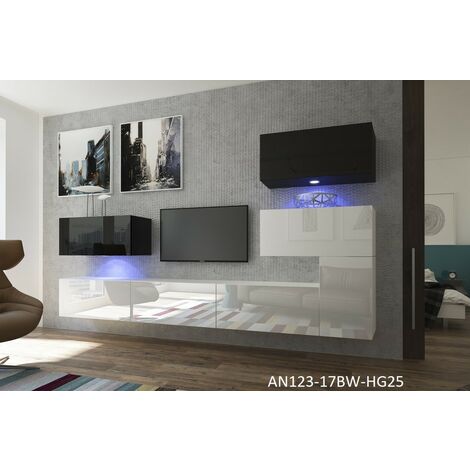 Ensemble meuble TV NEXT 123 AN123-17BW-HG25-1B blanc-noir brillant 302 cm - Eclairage leds: Bleu