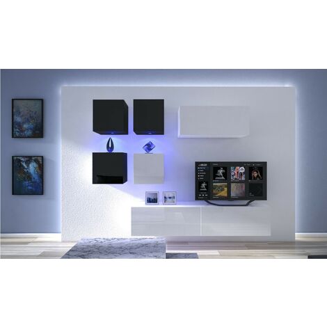 Ensemble meuble TV NEXT 200 AN200-17BW-HG30-1A blanc-noir brillant 200 cm
