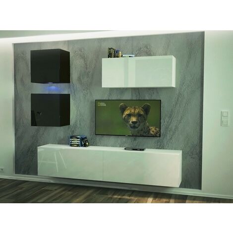 Ensemble meuble TV NEXT 269 AN269-17WB-HG25-1B blanc-noir brillant 207 cm