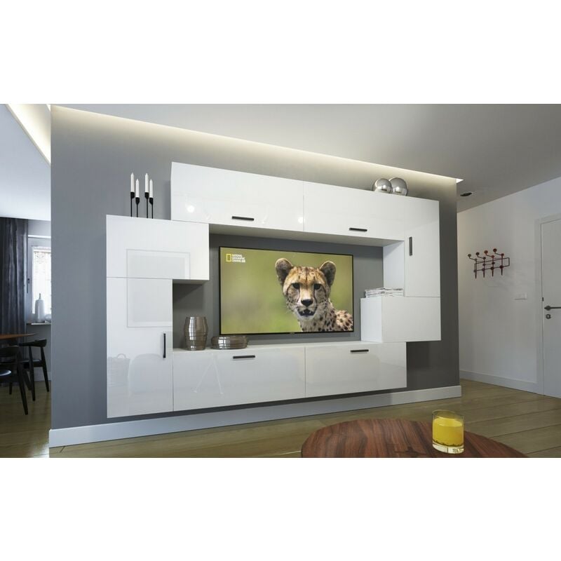 Viva - Ensemble meuble tv next 6 AN6-17W-HG22-1A blanc brillant 240 cm