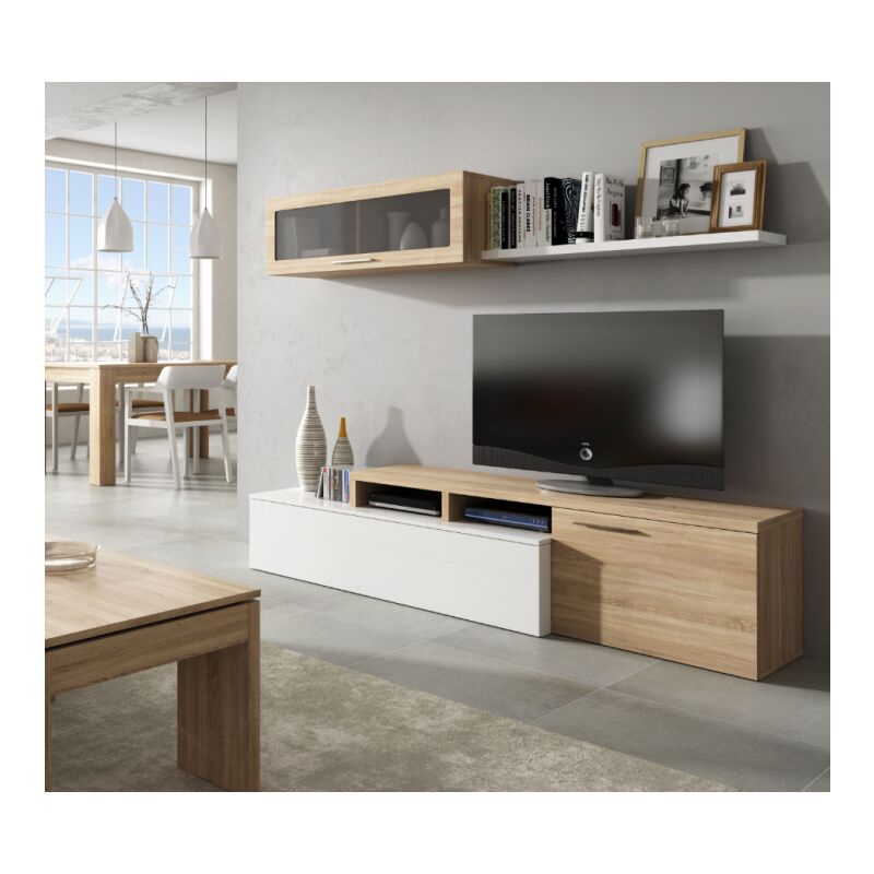 Mur équipé porte Tv 200 cm blanc brillant et chêne canadien - Gand