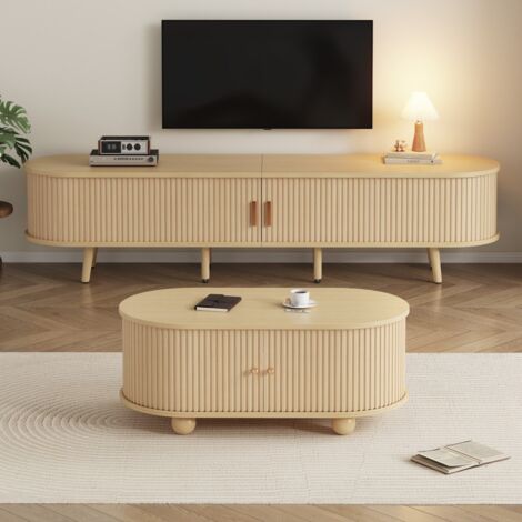 Ensemble meuble TV salon avec table basse ovale intégrée, rangement spacieux, finition bois naturel en MDF, design contemporain 175x40x42cm