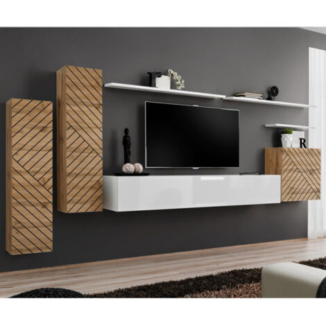 Ensemble Meuble TV "Switch Lamel I" 330cm Blanc & Naturel