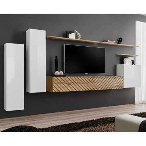 Ensemble Meuble TV "Switch Lamel I" 330cm Naturel & Blanc