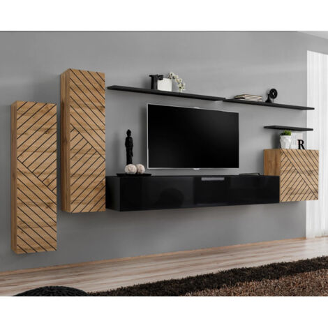 Ensemble Meuble TV "Switch Lamel I" 330cm Noir & Naturel