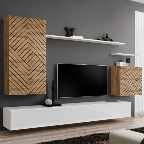 Ensemble Meuble TV "Switch Lamel II" 270cm Blanc & Naturel