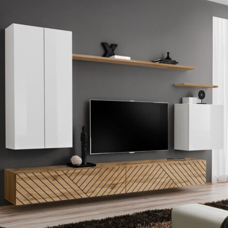 Ensemble Meuble TV "Switch Lamel II" 270cm Naturel & Blanc
