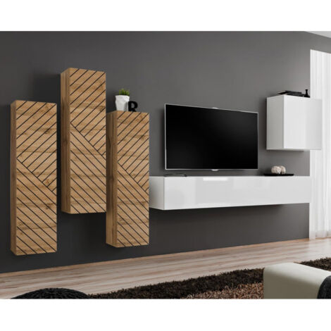 Ensemble Meuble TV "Switch Lamel III" 330cm Blanc & Naturel
