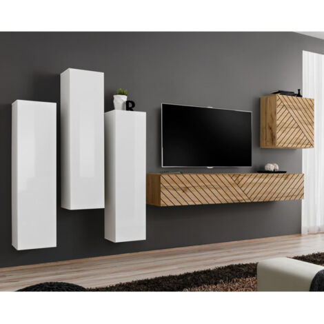 Ensemble Meuble TV "Switch Lamel III" 330cm Naturel & Blanc