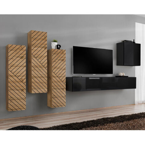 Ensemble Meuble TV "Switch Lamel III" 330cm Noir & Naturel