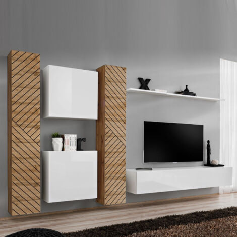 Ensemble Meuble TV "Switch Lamel VI" 330cm Blanc & Naturel